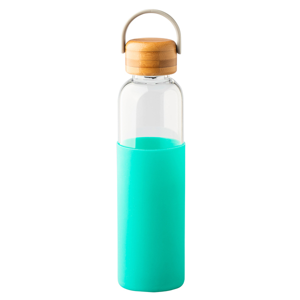 butelka szklana z korkiem bambusowym i logo_Ideas Factory